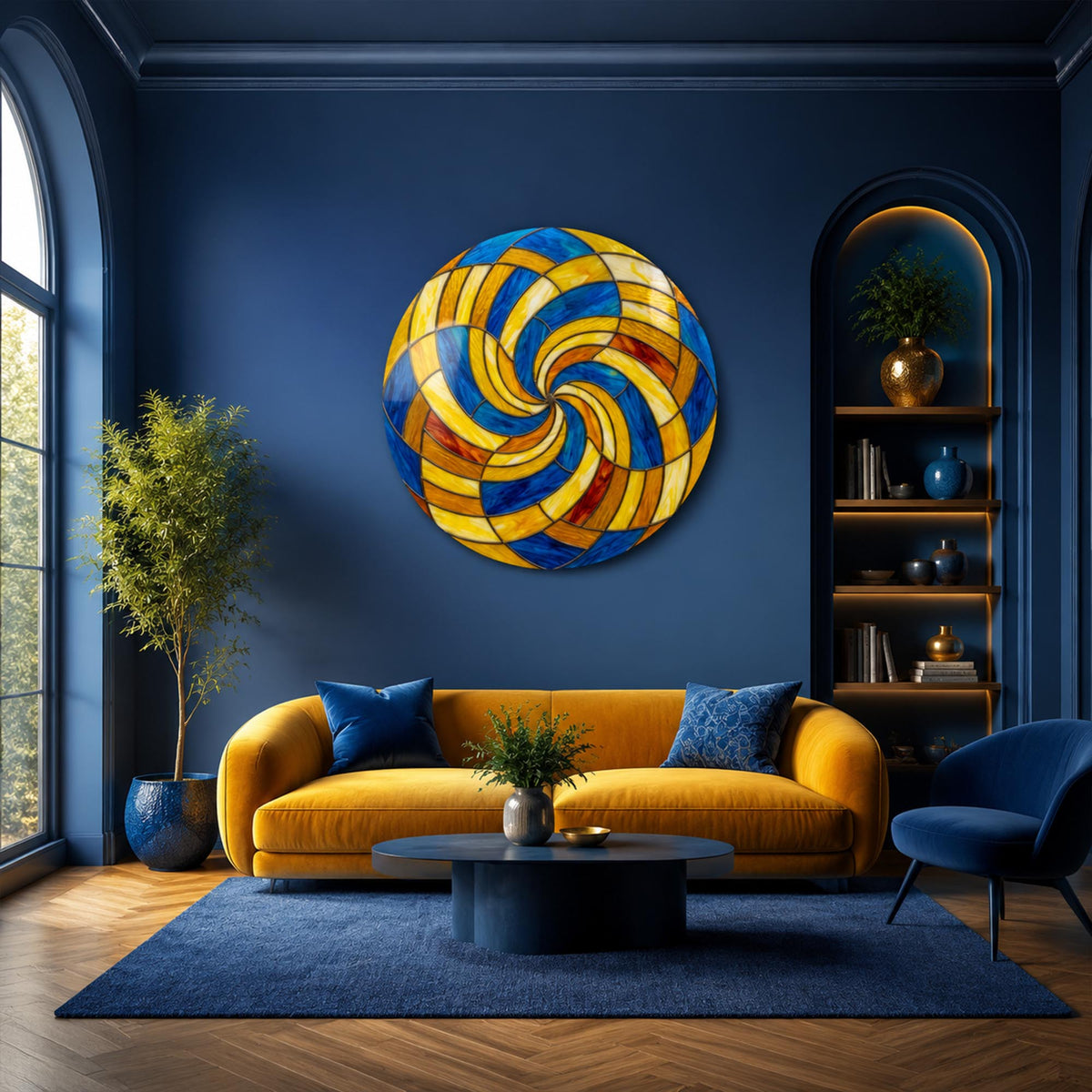 Sapphire Sunburst — tempered glass, ultra HD print, ready to hang