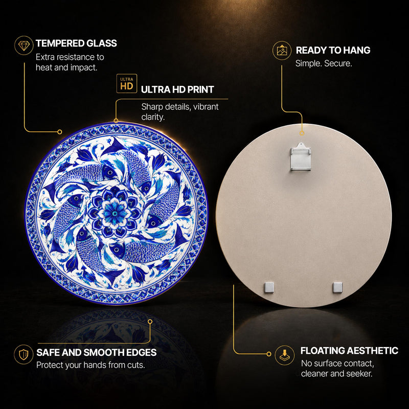 Sapphire Koi Mandala — tempered glass, ultra HD print, ready to hang