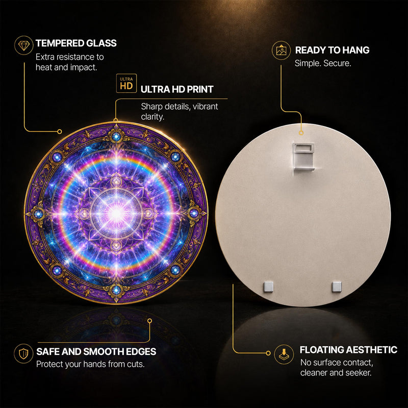 Celestial Rainbow Mandala — tempered glass, ultra HD print, ready to hang