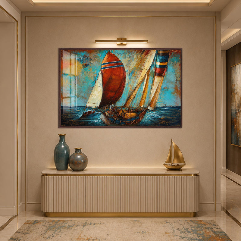 Artronauts Glass Print 18x12 cm | 7.1"x4.7" / Walnut Weathered Sails Glass Wall Art