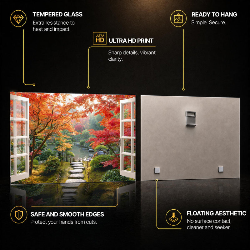 Autumn Garden Window — tempered glass, ultra HD print, ready to hang