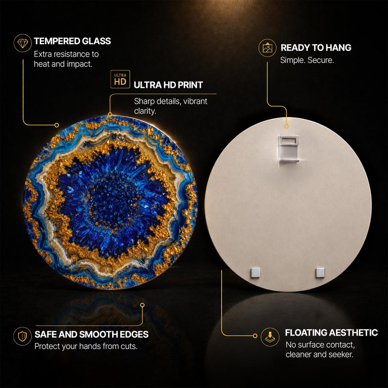 Sapphire Geode — tempered glass, ultra HD print, ready to hang
