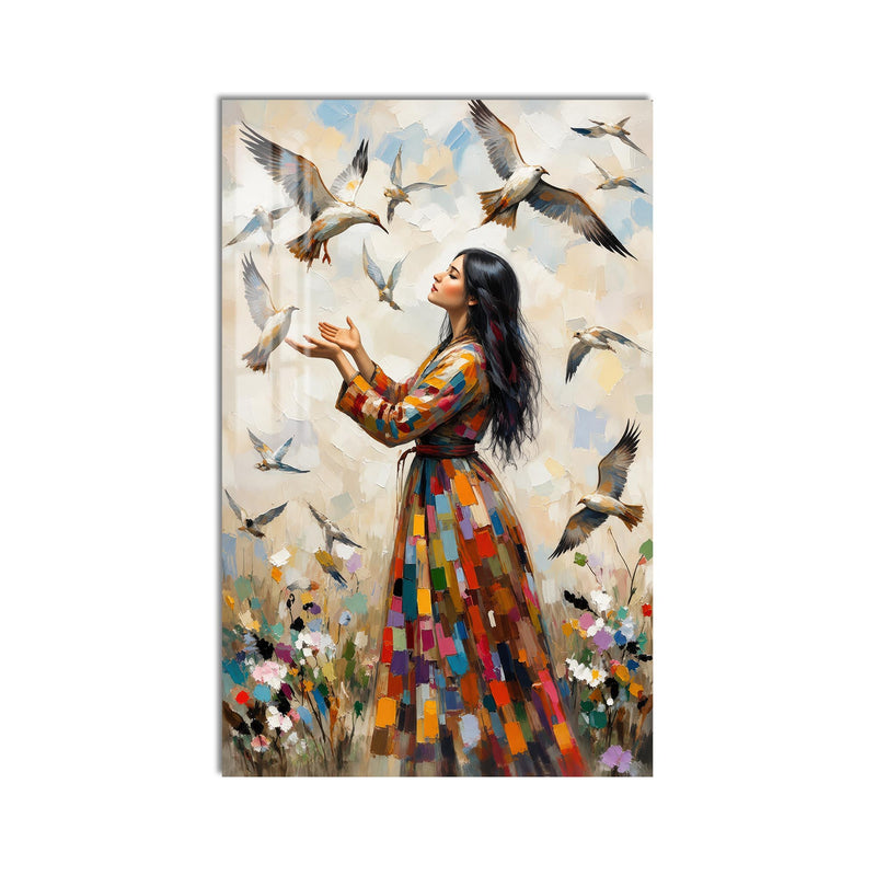 Woman Among Flying Birds product shot on white background
