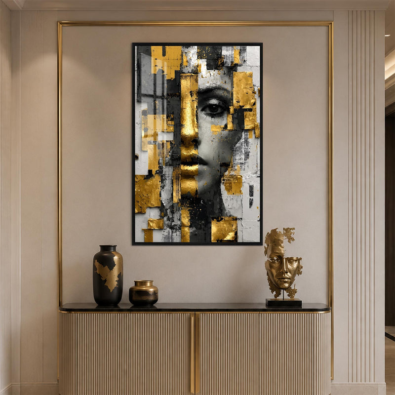 Artronauts Glass Print 12x18 cm | 4.7"x7.1" / Black Fragmented Golden Woman Glass Wall Art