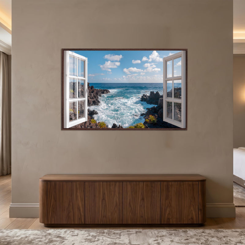 Open Window Seascape with walnut frame
