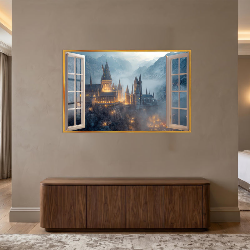 Enchanted Mountain Castle with gold frame