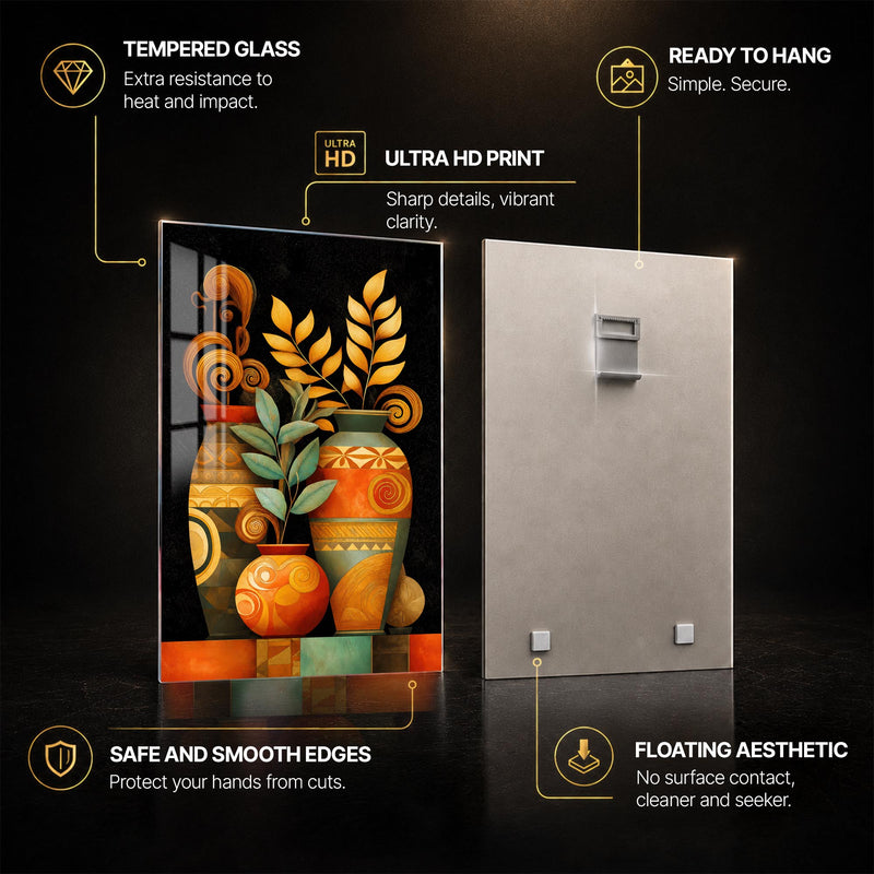 Golden Botanical Vessels — tempered glass, ultra HD print, ready to hang