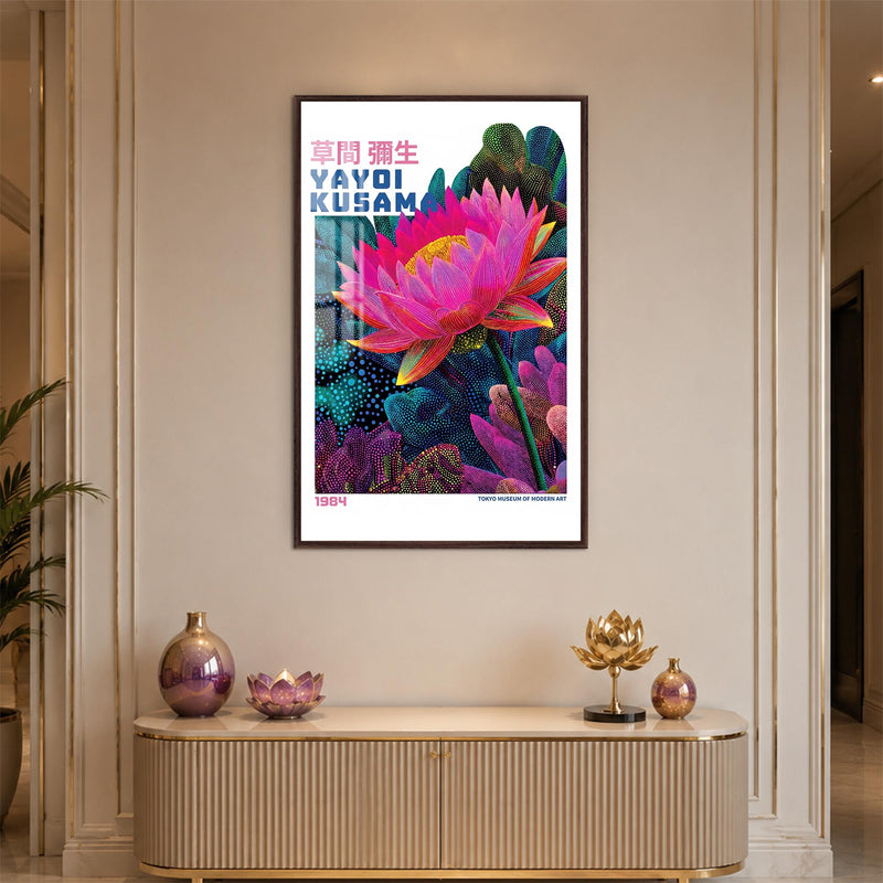 Neon Lotus Revival with walnut frame
