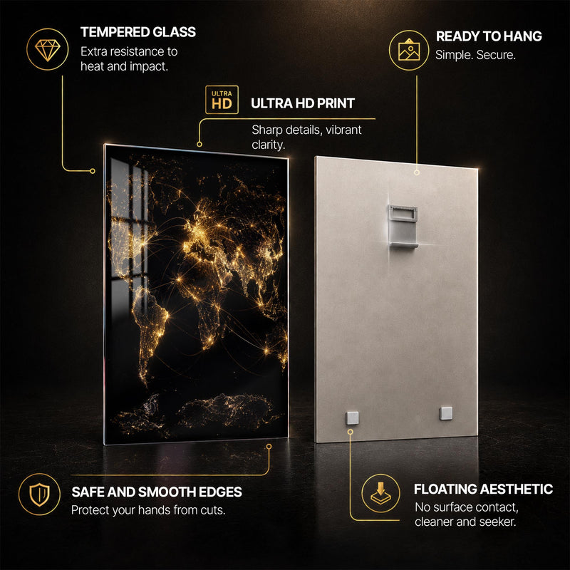 Golden World Connections — tempered glass, ultra HD print, ready to hang
