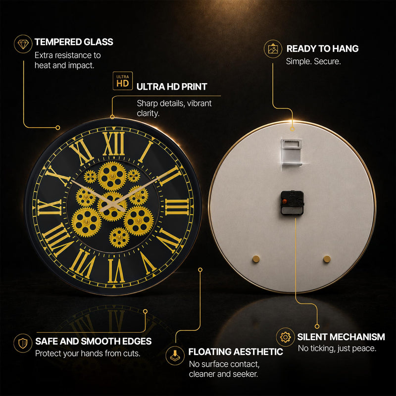 Golden Gearwork — tempered glass, ultra HD print, ready to hang
