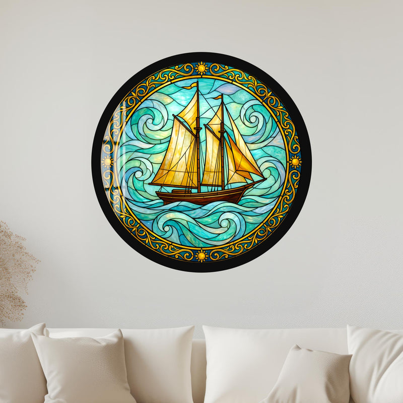 Golden Schooner On Emerald Waves with black frame