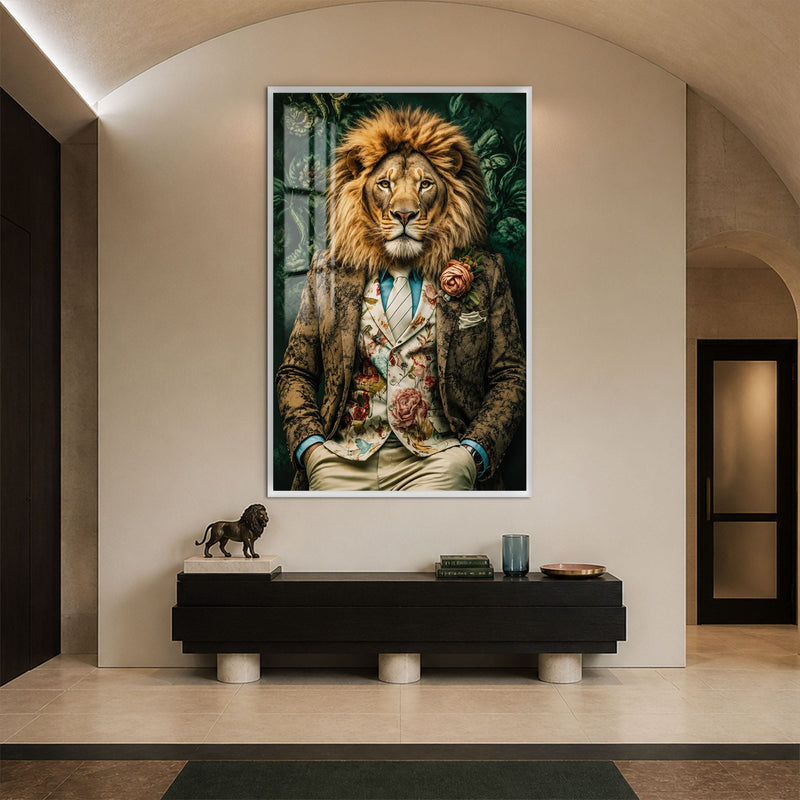 Artronauts Glass Print 12x18 cm | 4.7"x7.1" / White Floral Gentleman Lion Glass Wall Art