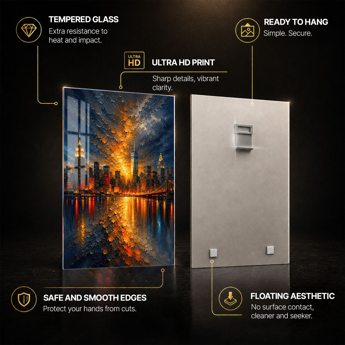 Manhattan Afterglow — tempered glass, ultra HD print, ready to hang