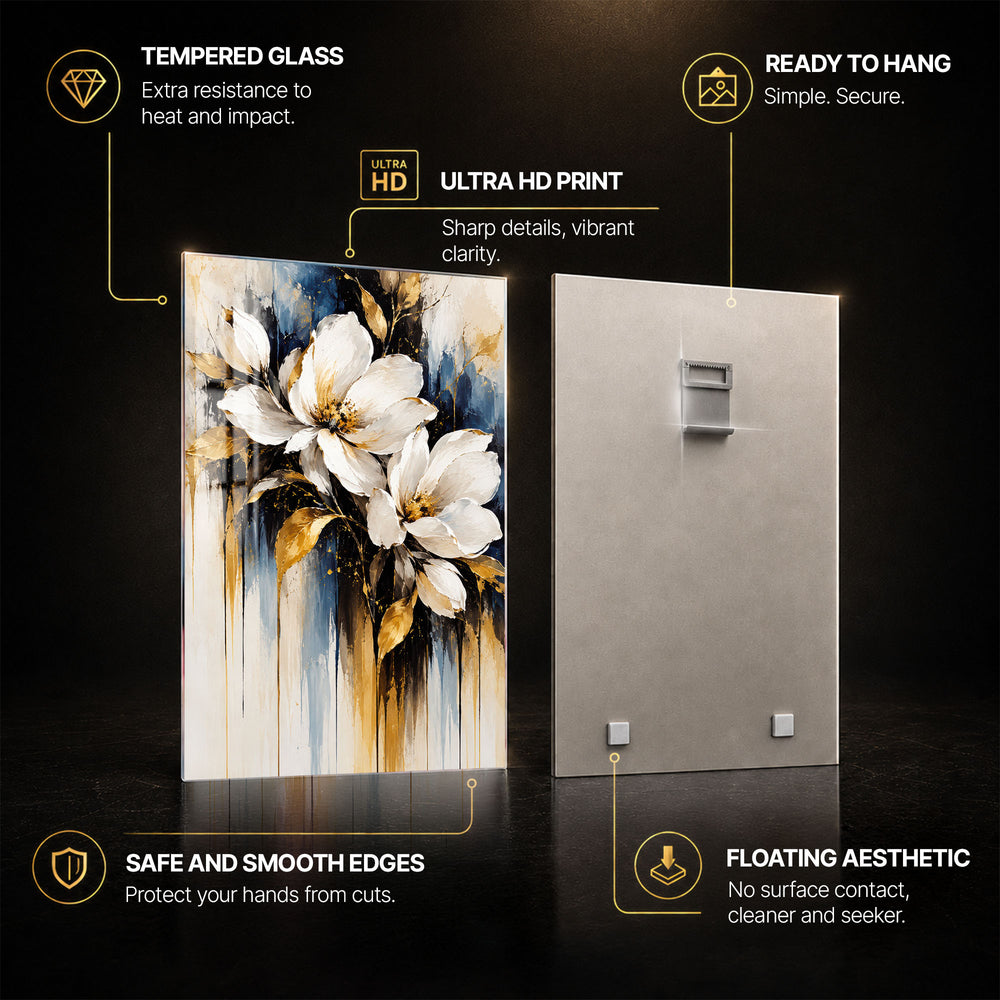Golden Bloom — tempered glass, ultra HD print, ready to hang