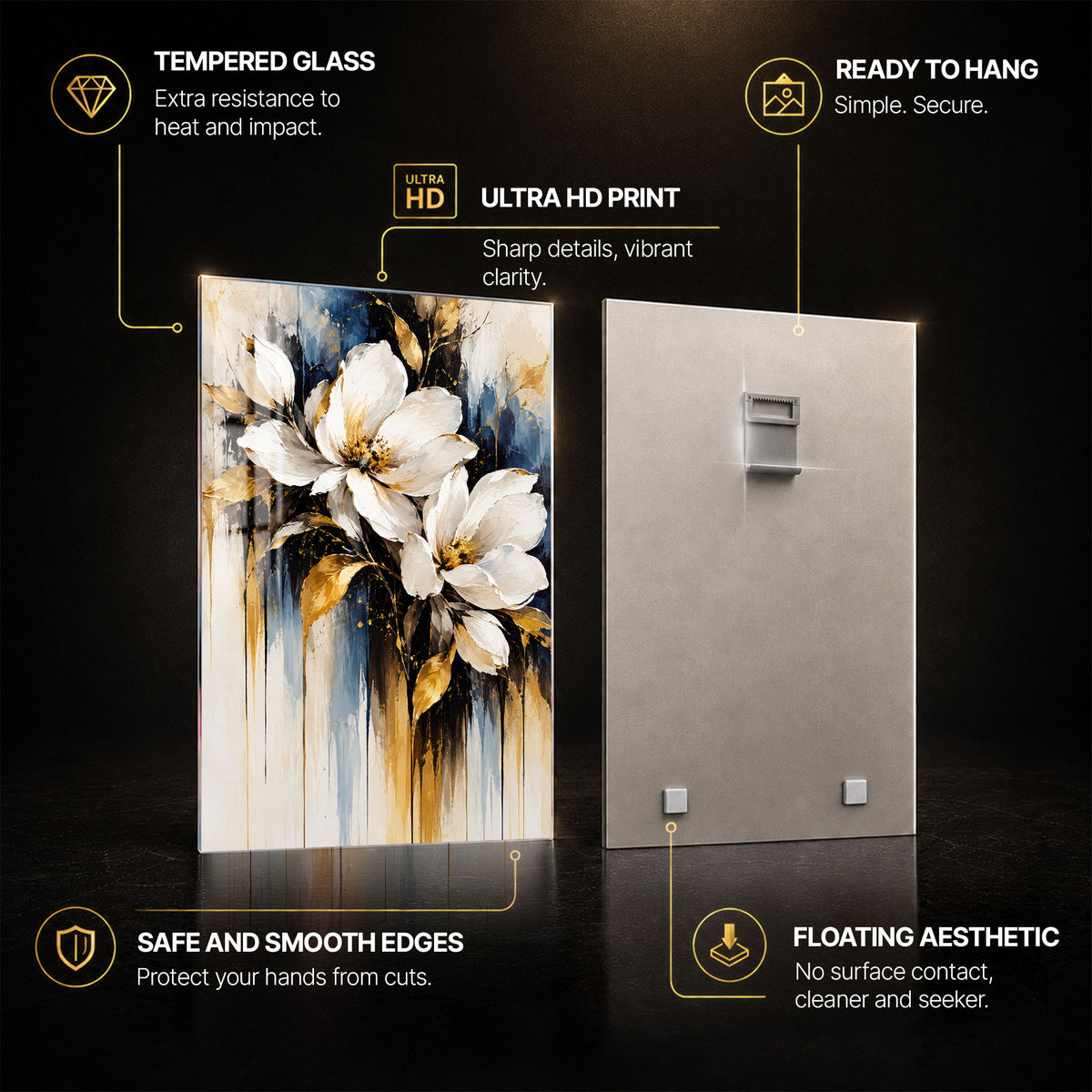 Golden Bloom — tempered glass, ultra HD print, ready to hang