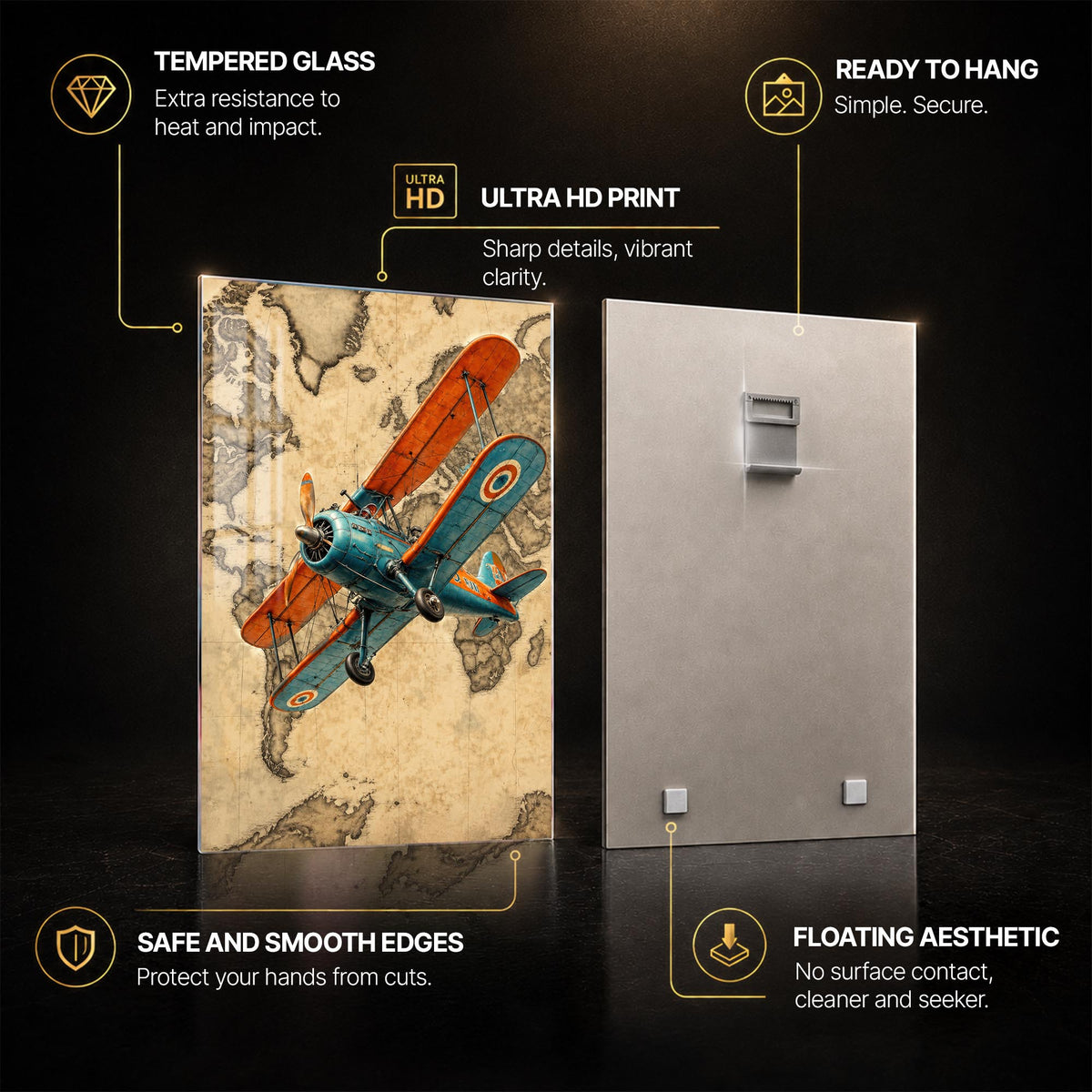 Vintage Biplane Adventure — tempered glass, ultra HD print, ready to hang