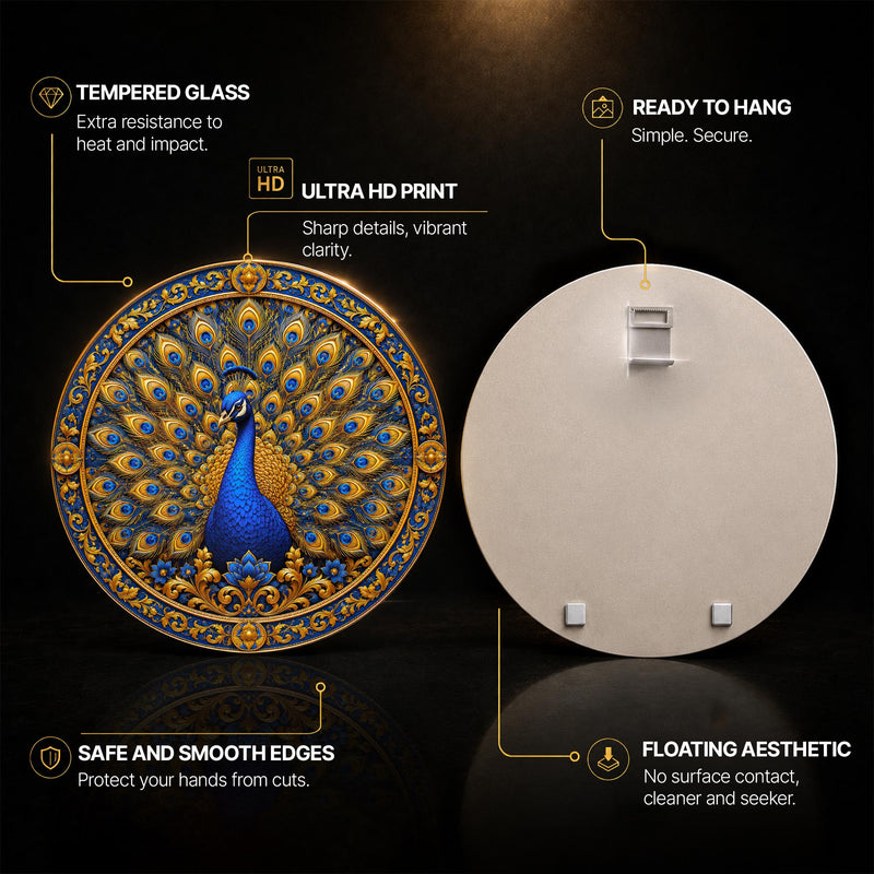 Regal Peacock Splendor — tempered glass, ultra HD print, ready to hang