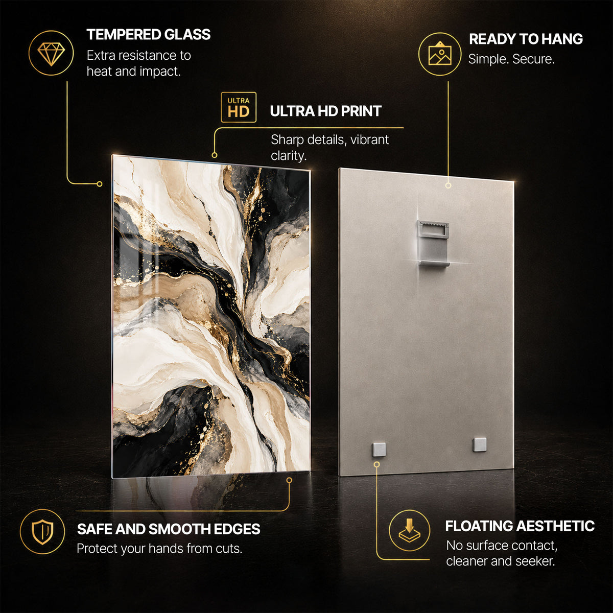 Golden Marble — tempered glass, ultra HD print, ready to hang