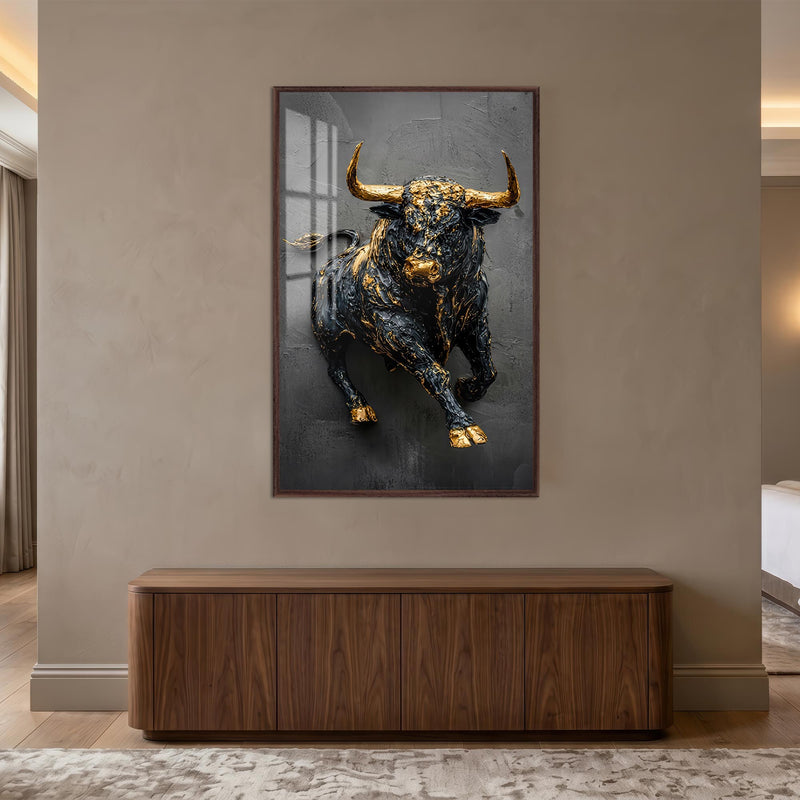 Golden Charging Bull with walnut frame