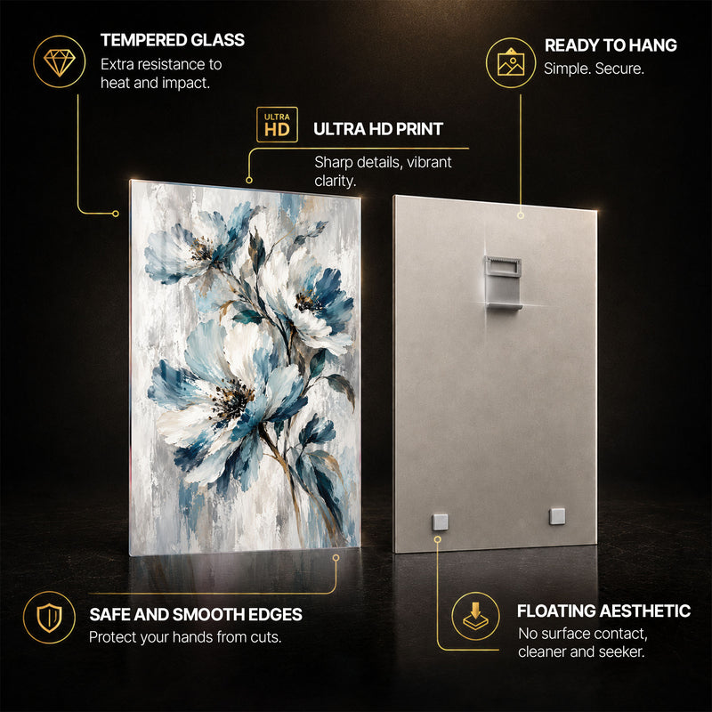 Blue Blossom II — tempered glass, ultra HD print, ready to hang