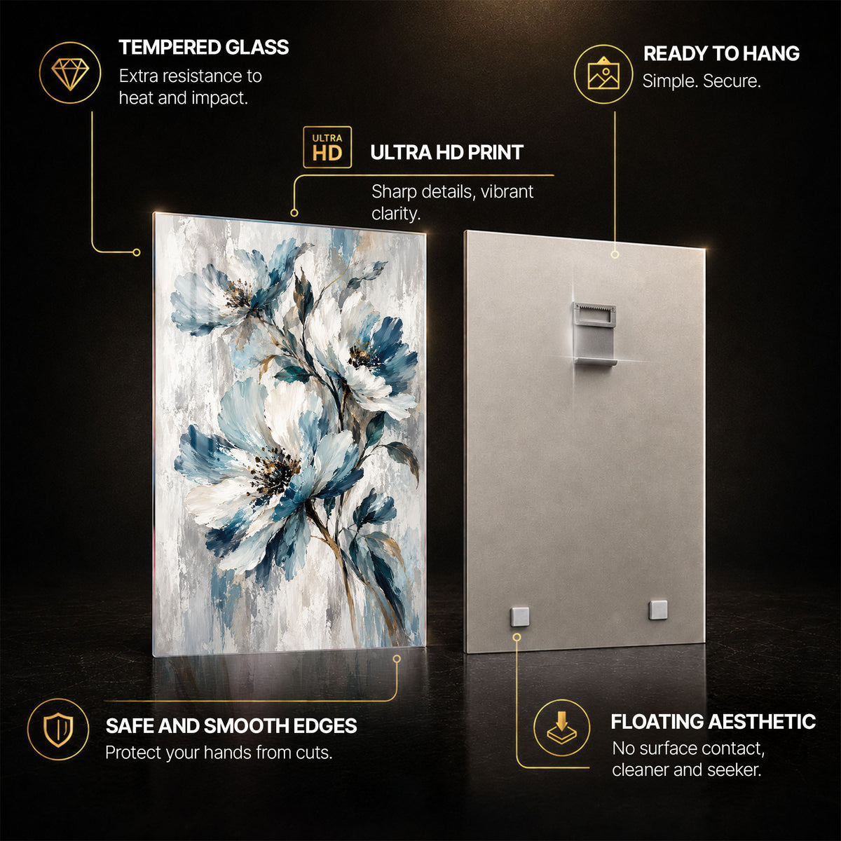Blue Blossom II — tempered glass, ultra HD print, ready to hang