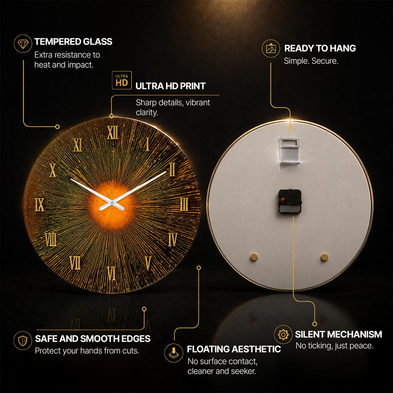 Golden Solar Burst — tempered glass, ultra HD print, ready to hang