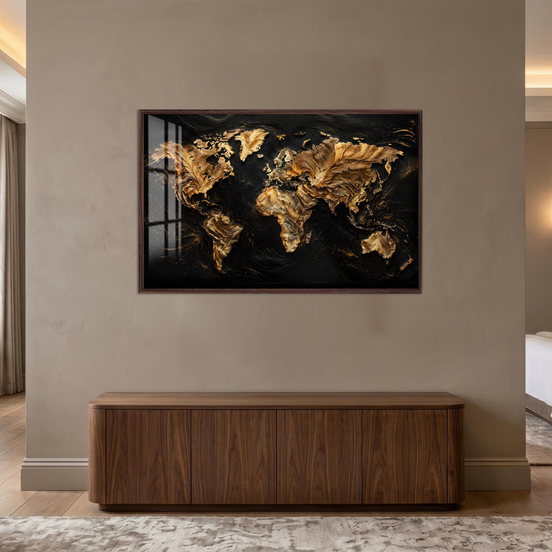Golden World Map with walnut frame