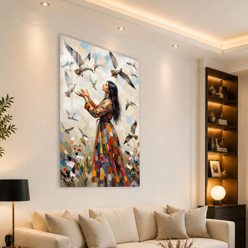 Woman Among Flying Birds angled lifestyle view