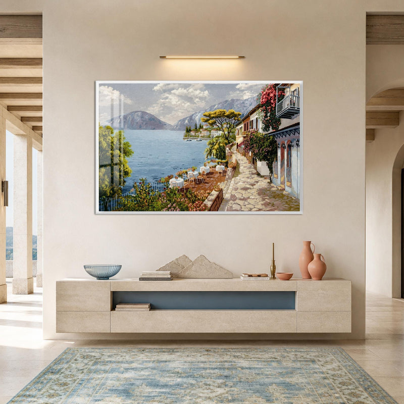 Artronauts Glass Print 18x12 cm | 7.1"x4.7" / White Riviera Lakeside Terrace Glass Wall Art