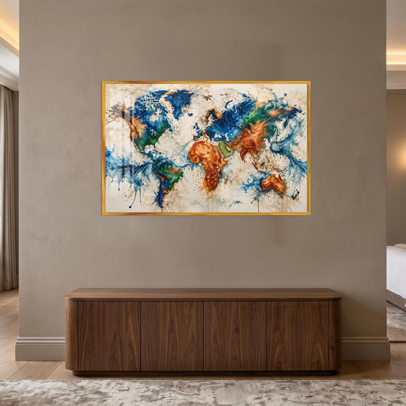 Painted World Map with gold frame