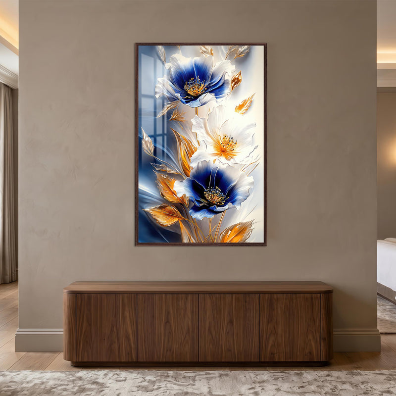 Gilded Blue Blossoms with walnut frame