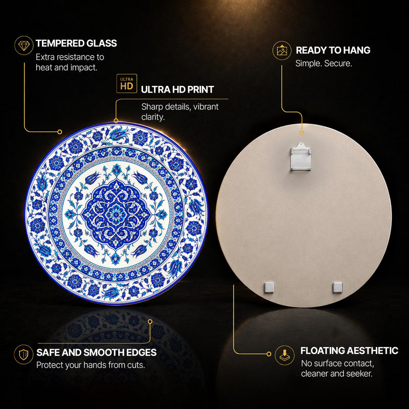 Ottoman Blue Medallion — tempered glass, ultra HD print, ready to hang