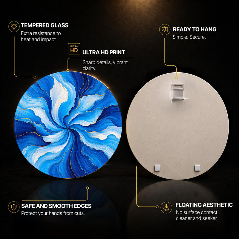 Sapphire Bloom Swirl — tempered glass, ultra HD print, ready to hang