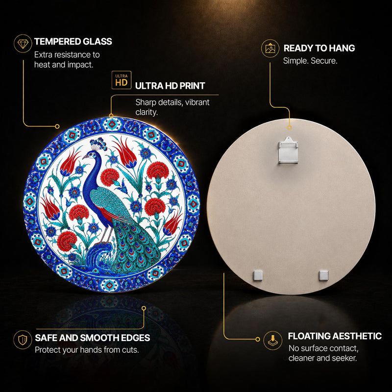 Peacock Garden — tempered glass, ultra HD print, ready to hang