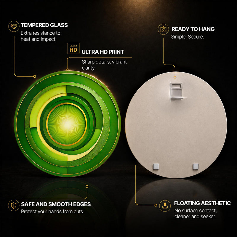 Emerald Solar Orbit — tempered glass, ultra HD print, ready to hang