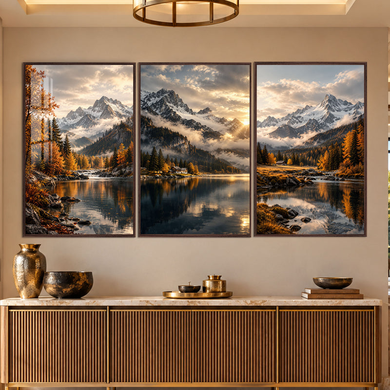Autumn Alpine Lake with walnut frame