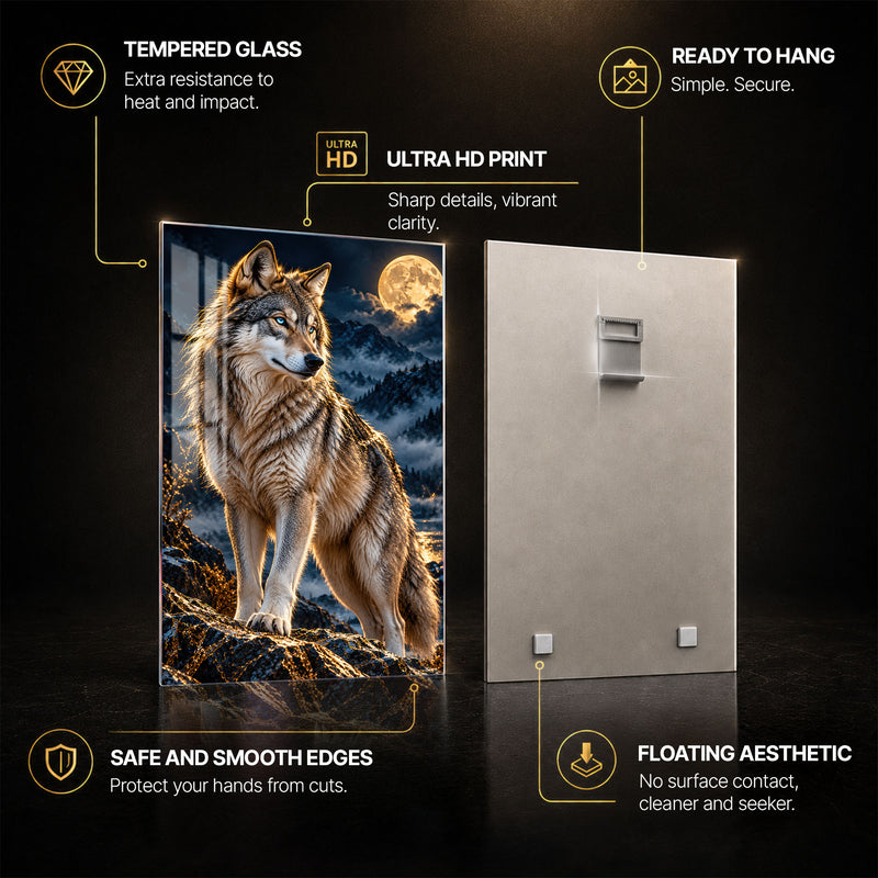 Moonlit Wolf — tempered glass, ultra HD print, ready to hang