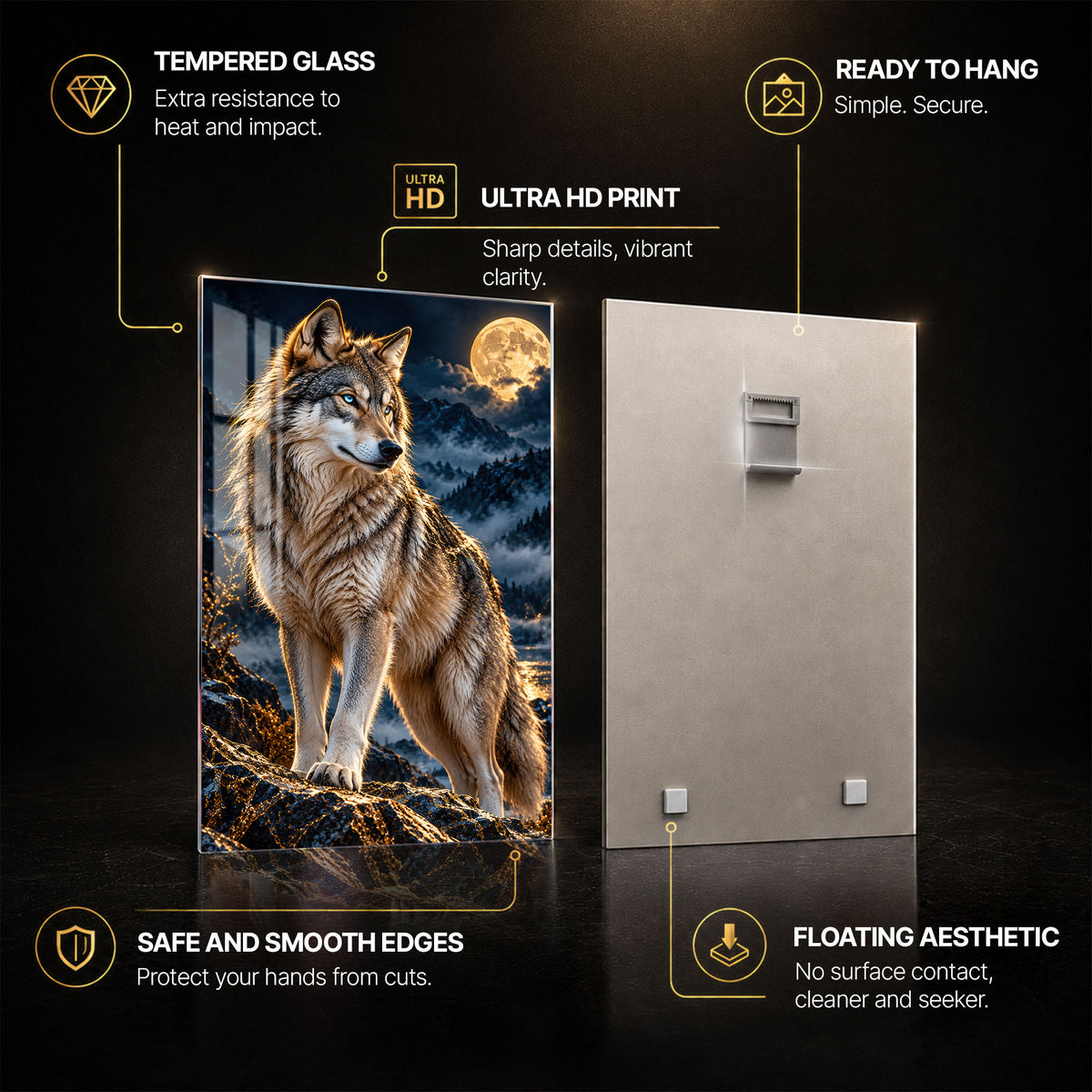 Moonlit Wolf — tempered glass, ultra HD print, ready to hang
