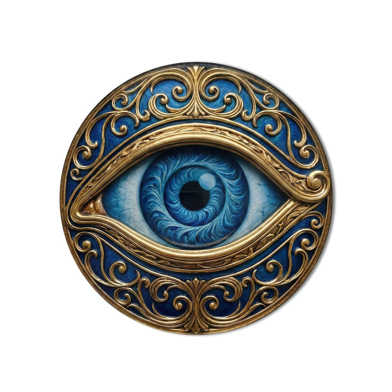 Ornate Gold Evil Eye product shot on white background