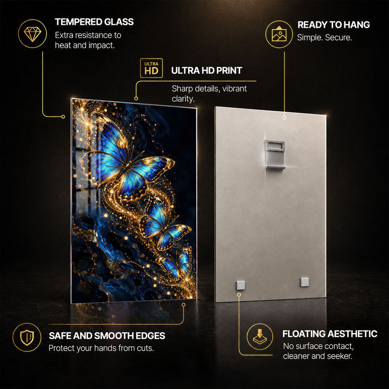Blue Gold Butterfly — tempered glass, ultra HD print, ready to hang