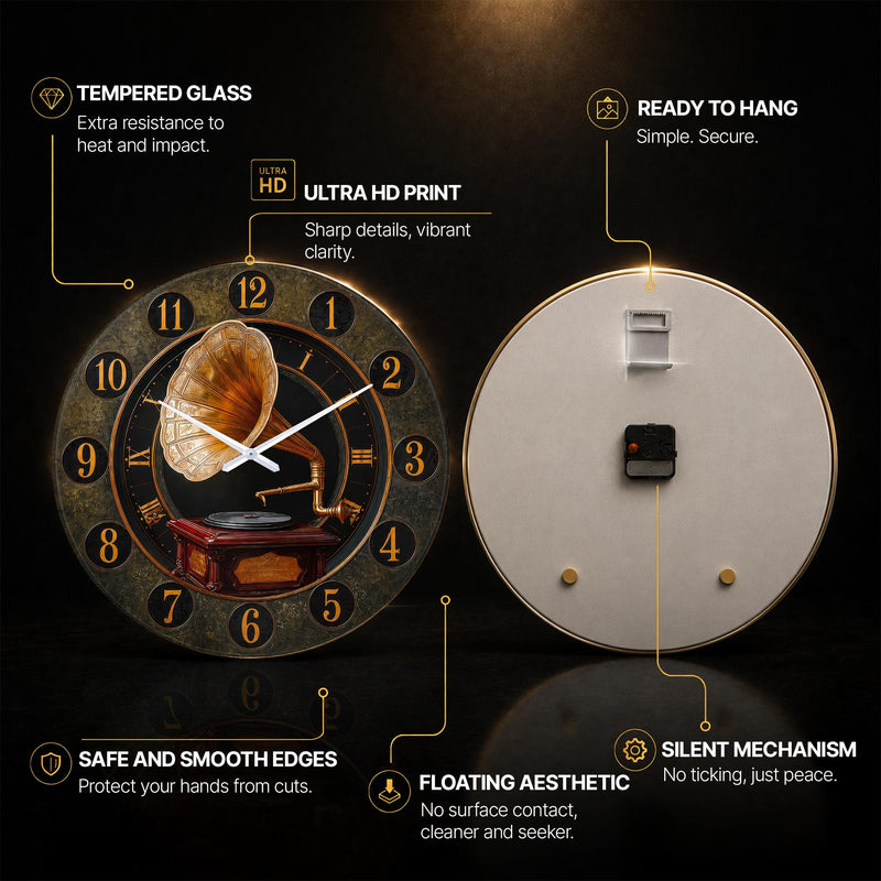 Vintage Gramophone — tempered glass, ultra HD print, ready to hang