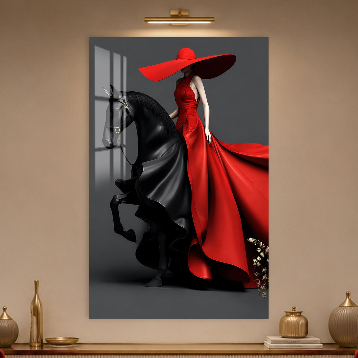 Red Gown Horsewoman in a modern room