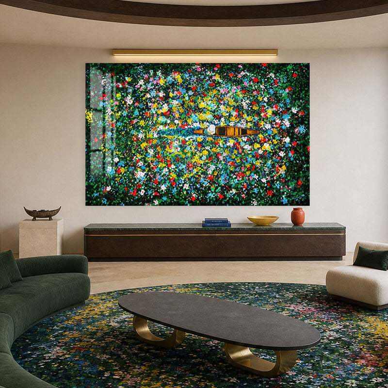 Artronauts Glass Print Boat Through Flower Field Glass Wall Art