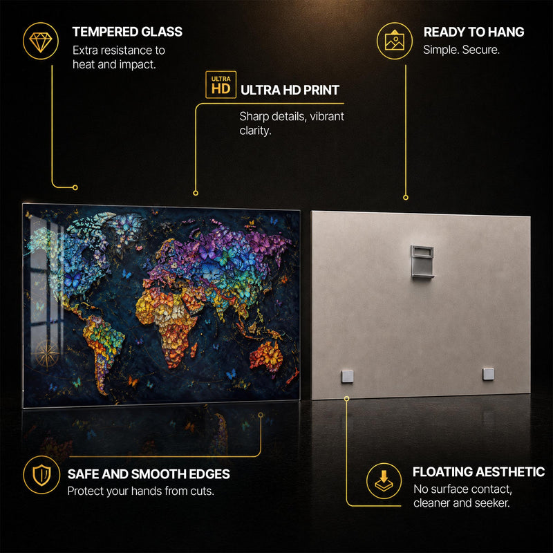 Butterfly World Map — tempered glass, ultra HD print, ready to hang