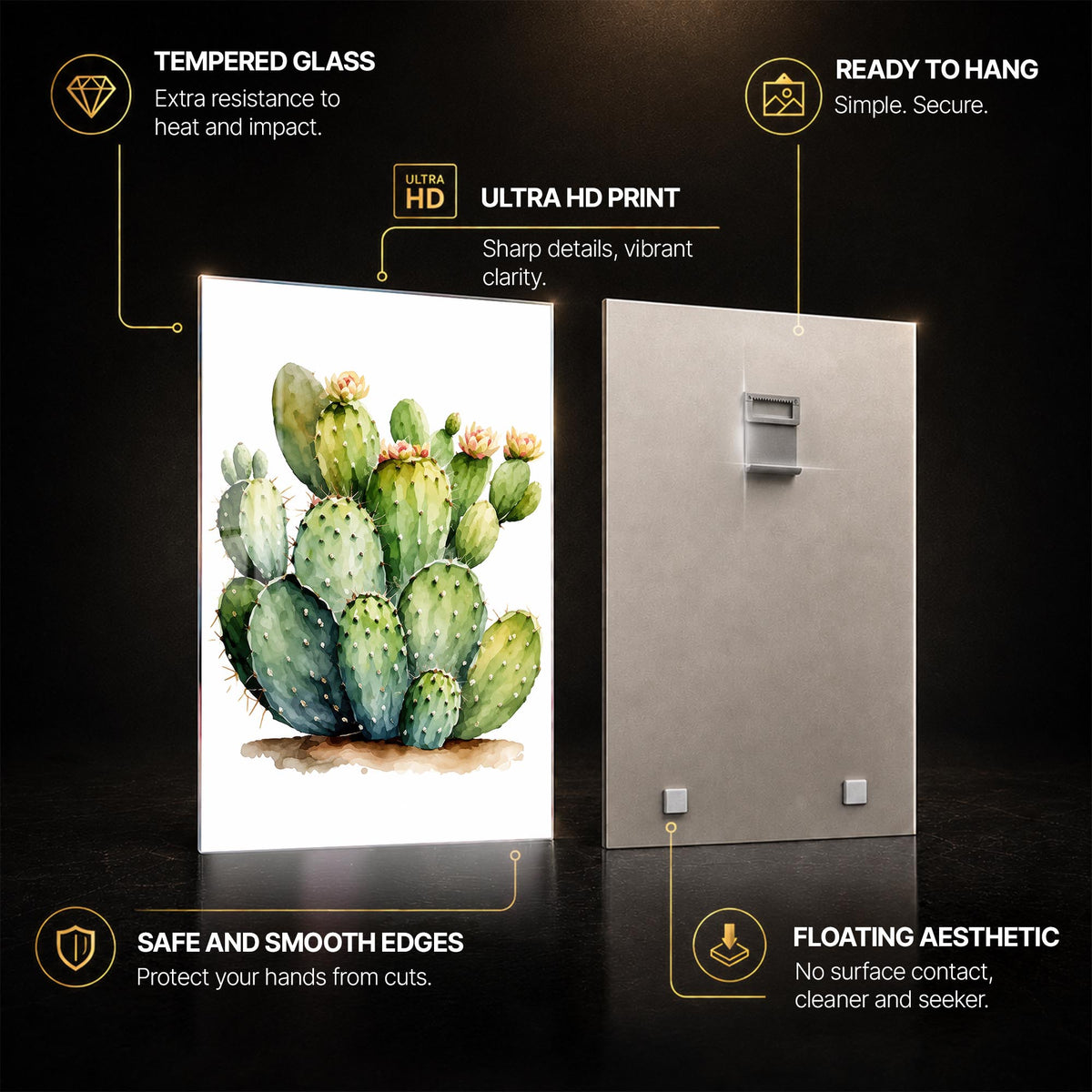 Blooming Prickly Pear — tempered glass, ultra HD print, ready to hang