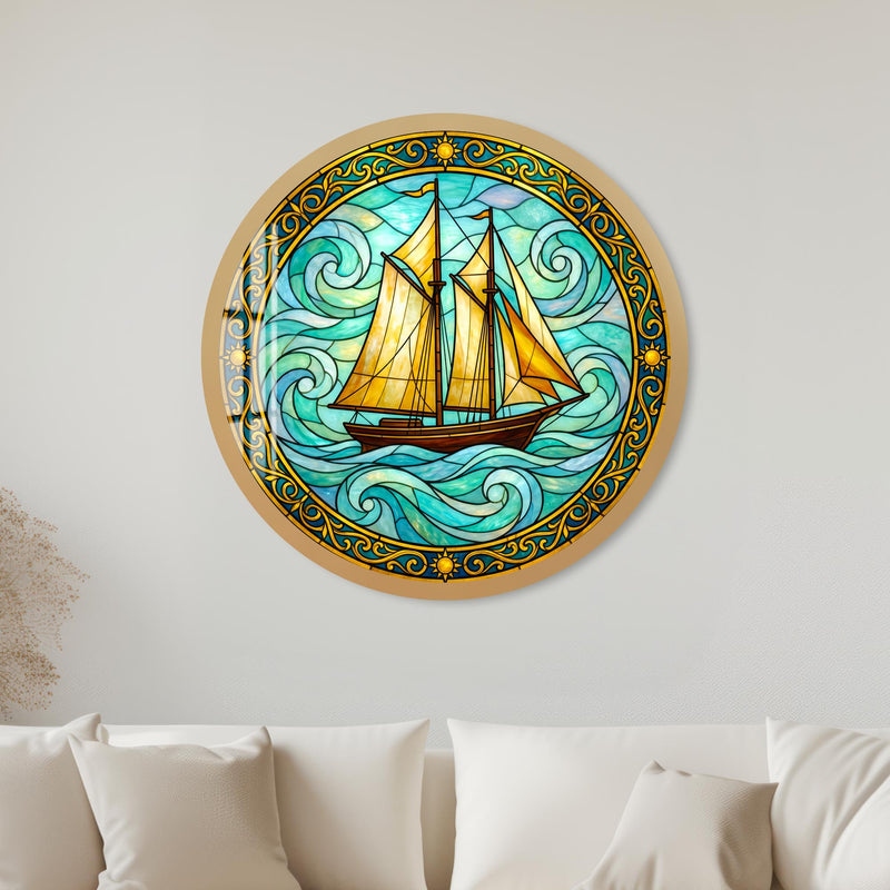Golden Schooner On Emerald Waves with gold frame
