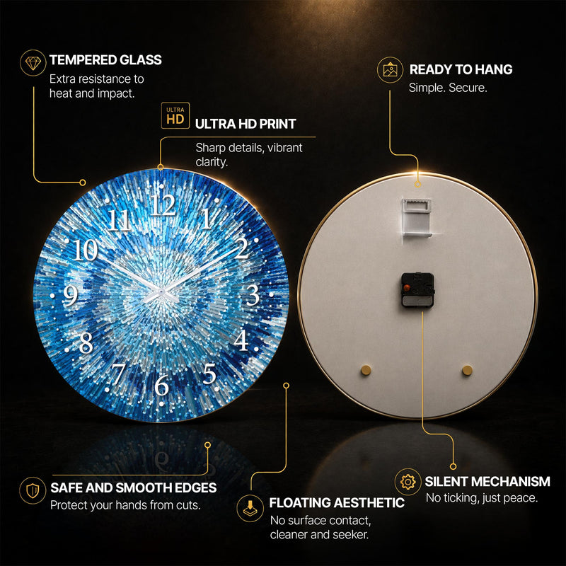 Blue Radiant Burst — tempered glass, ultra HD print, ready to hang