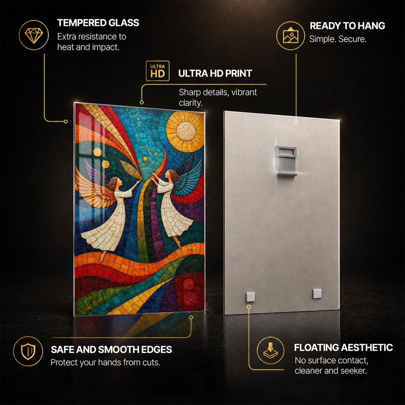 Celestial Angel Mosaic — tempered glass, ultra HD print, ready to hang
