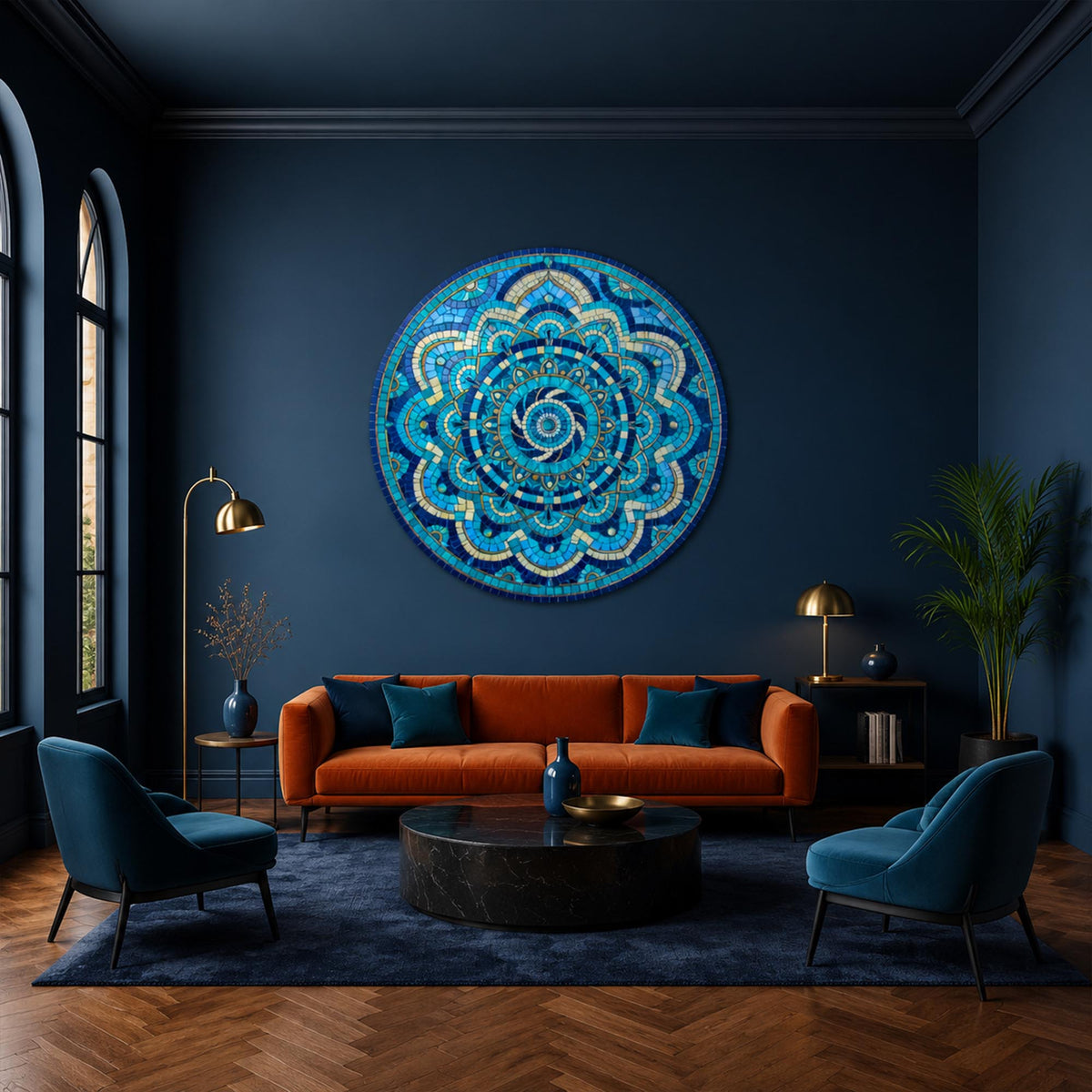 Azure Mosaic Mandala — tempered glass, ultra HD print, ready to hang