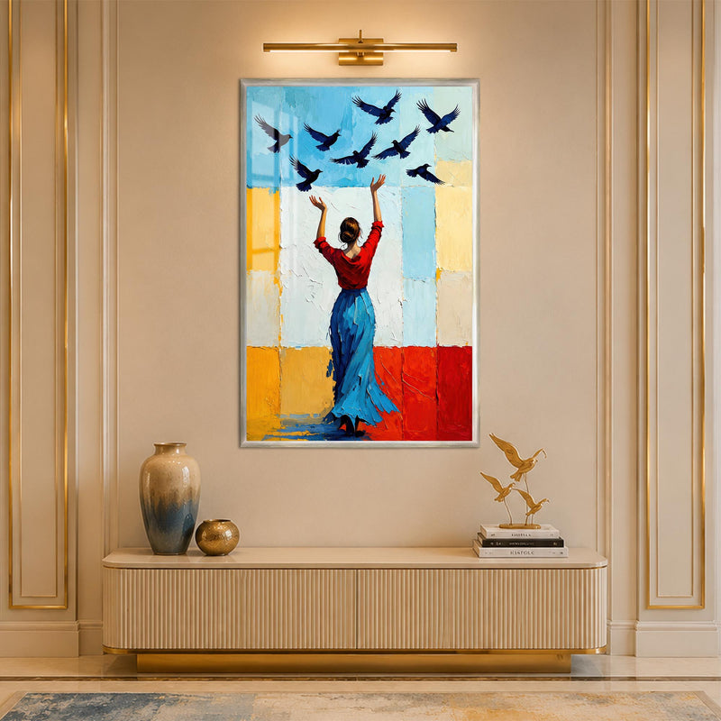 Woman Releasing Birds with silver frame